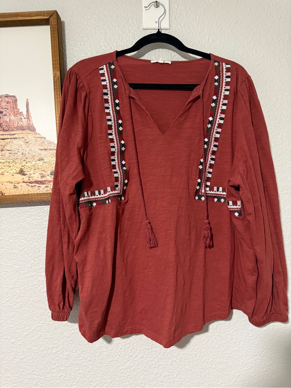 Maurices 1X Rust Embroidered Boho Long Sleeve Tassel Top Fall